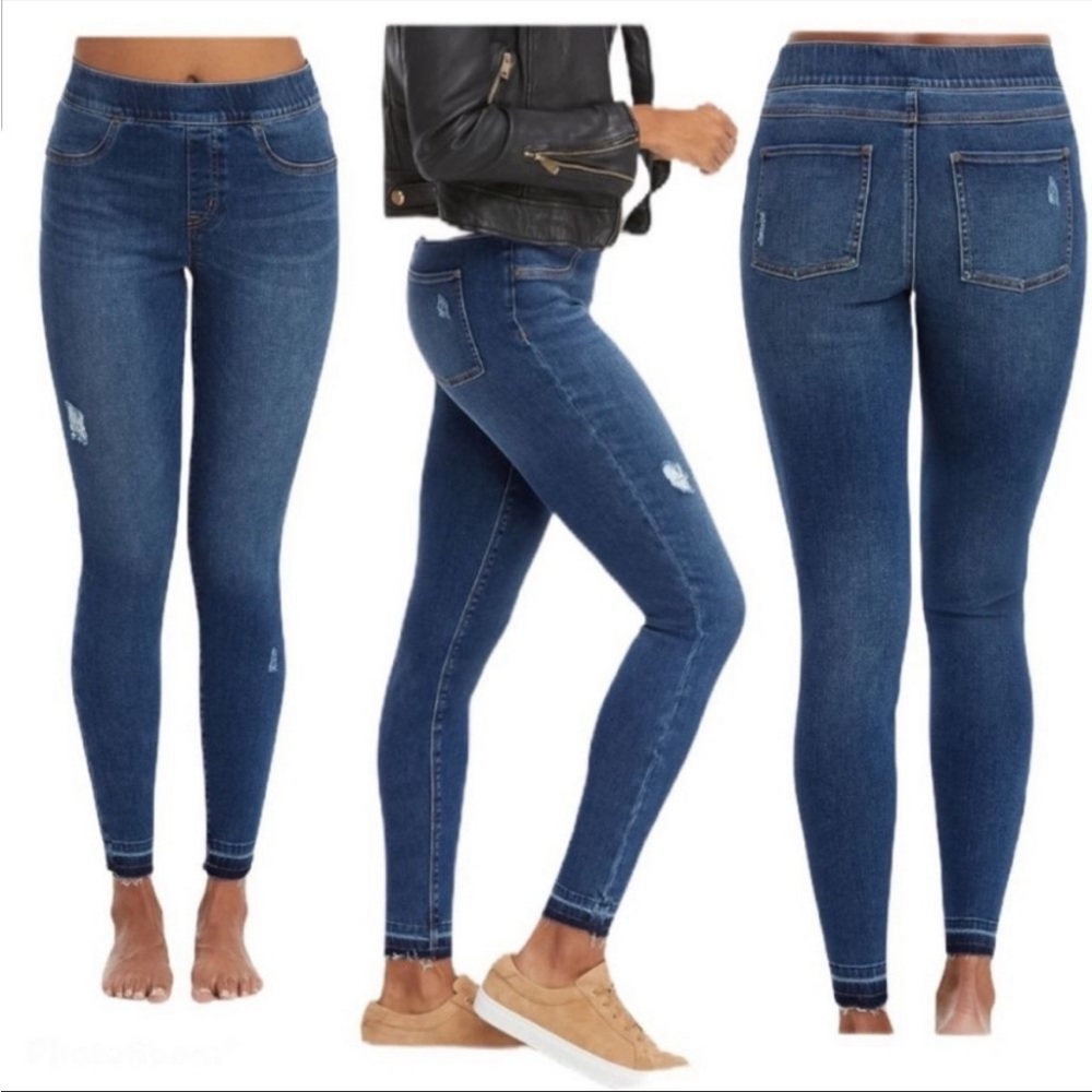 Spanx Distressed Ankle Skinny Jeans dark Wash size small raw hem shapewear